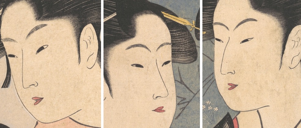 同じ絵から三人の顔だけを切り出して横に並べた図。左は奥の女性、中央は手前左の女性、右は手前右の女性。それぞれ眉の形、目のあきかた、鼻筋、口の大きさ、顎の輪郭が異なる