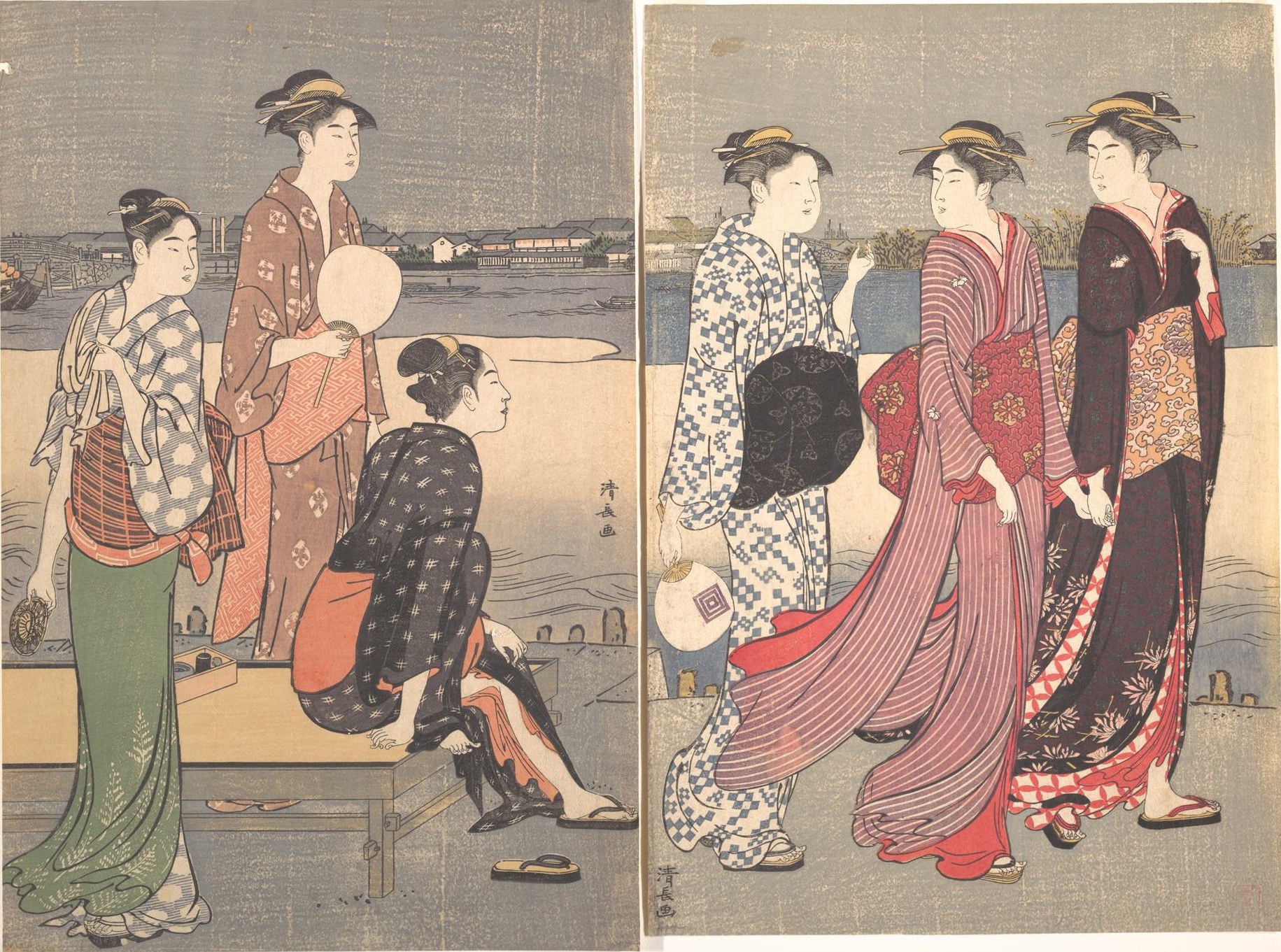 鳥居清長「大川端の夕涼」。二枚続の横長画面。隅田川べりで、団扇を手にした八頭身の女性たちが立ち話をしたり縁台に腰かけたりしている
