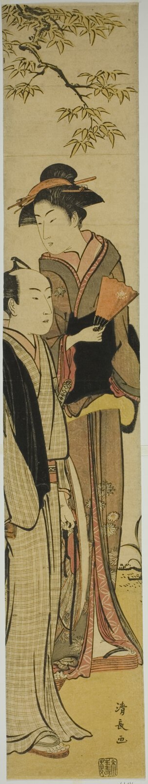 縦に細長い柱絵の画面いっぱいに、頭ひとつぶん高い位置に顔がある着物姿の女性と、その傍らに立つ男性を描く。女性の胴と脚は極端に長く引き伸ばされている。