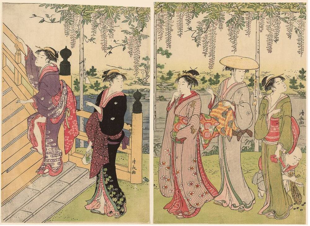 鳥居清長の二枚続。藤棚の下、亀戸天神の池と橋を背景に、着飾った女性たちが橋のたもとで語らう様子を描く