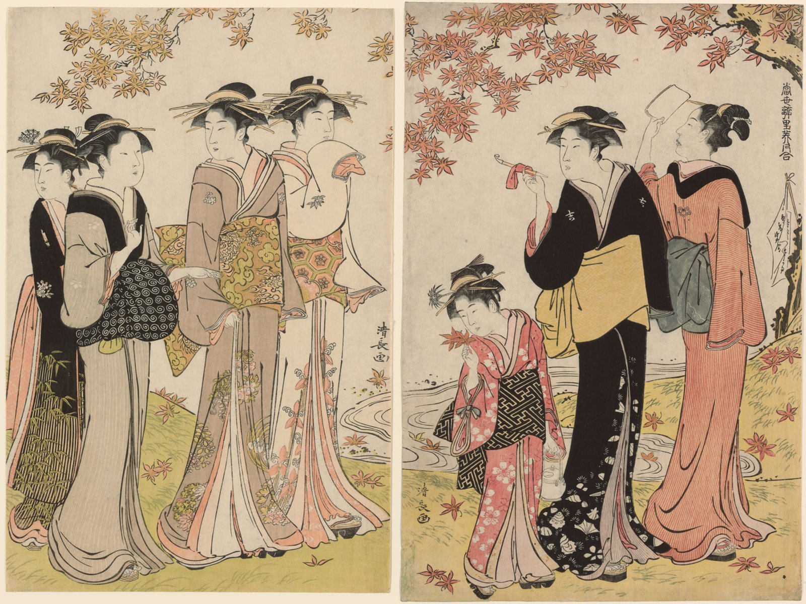 鳥居清長「当世遊里美人合」のうち一図。紅葉の下、すらりと背の高い着物姿の女性たちが連れ立って歩いている、大判二枚続の錦絵