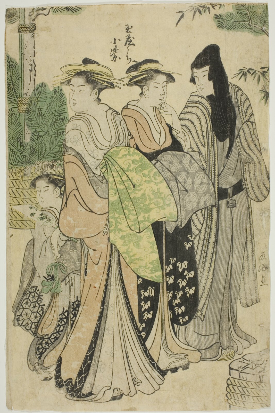 大判の錦絵。黄色い笠をかぶった遊女二人が画面中央に並んで立ち、その右後ろに長い黒髪を垂らした人物が一人立っている。画面左下には幼い付き添いが緑の若枝を手にしている。背景に松と竹、注連縄を巻いた柱、垣根、右下に桶が描かれている。