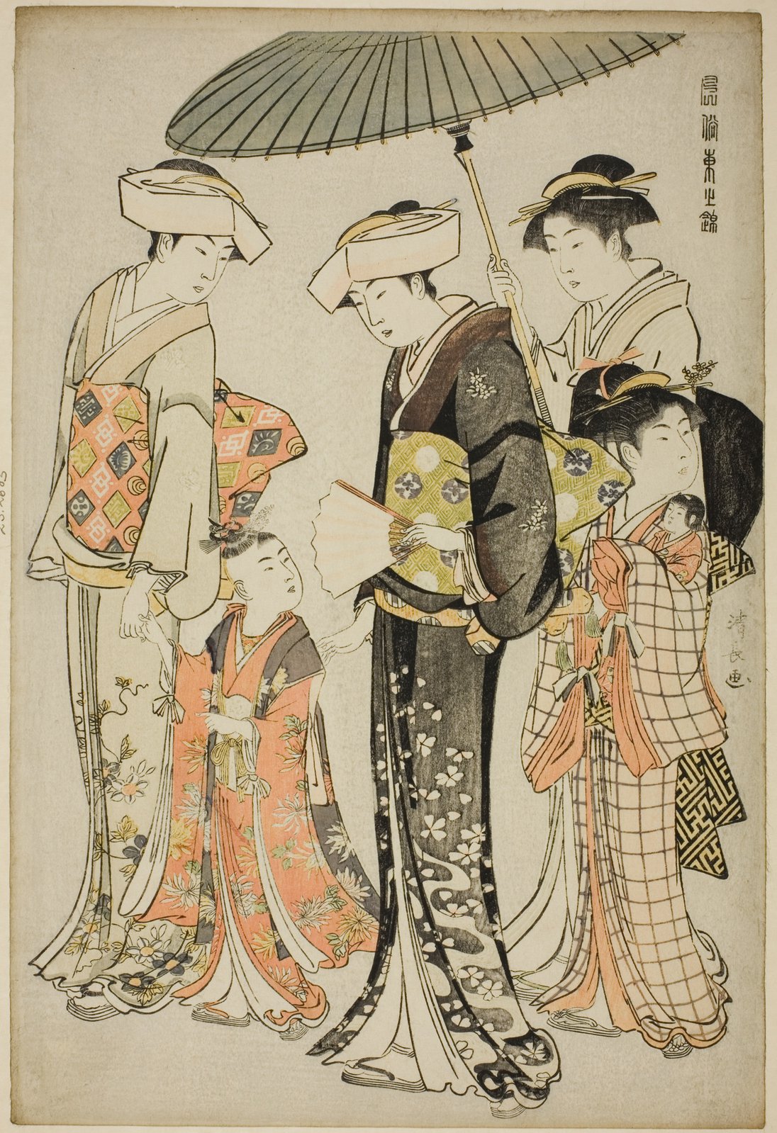 鳥居清長の大判。大きな傘をさしかける供を中心に、5人の人物が横に連なって歩く姿を描く