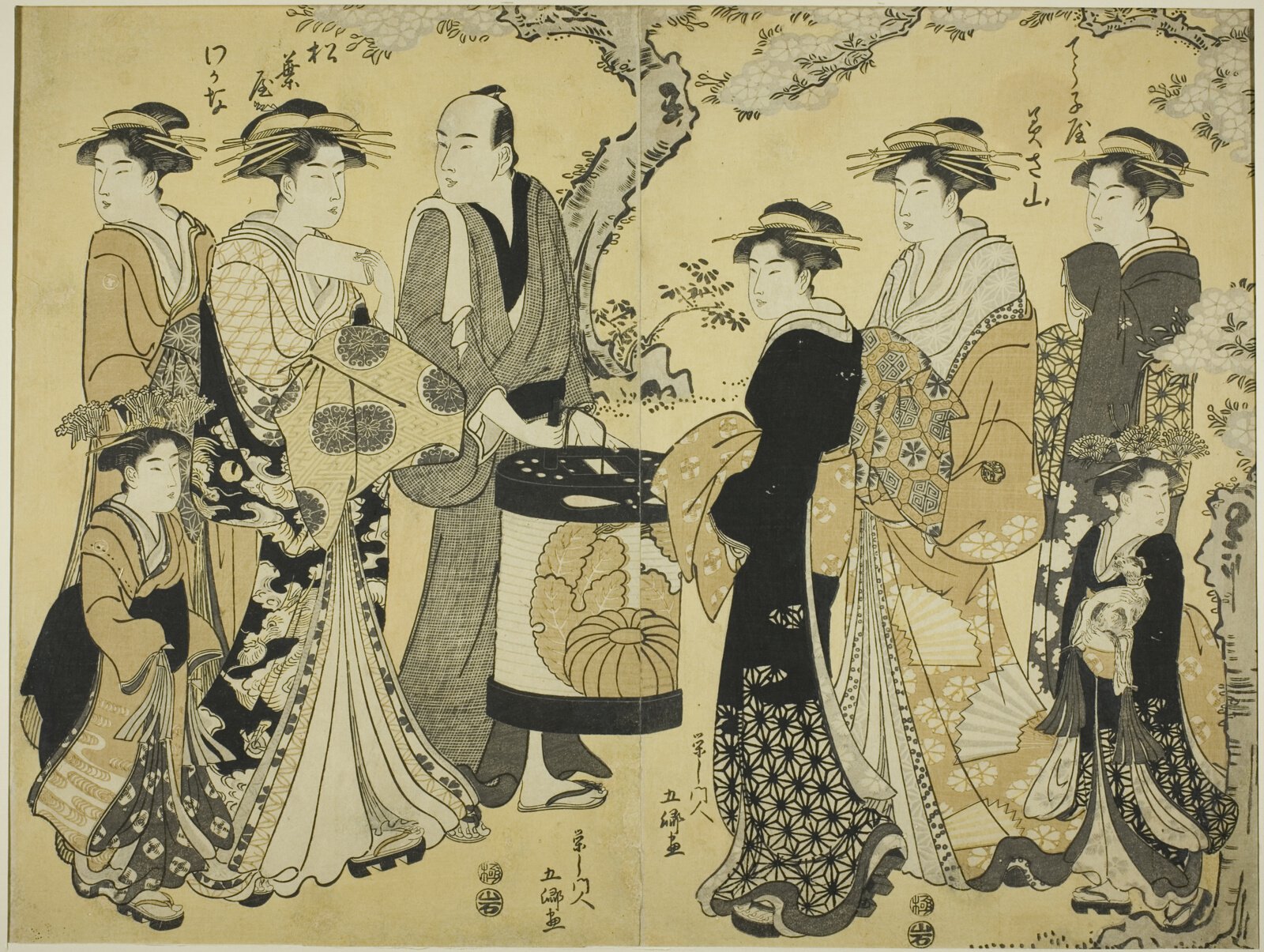 大判二枚続の錦絵。左の紙には黄色い髪飾りをつけた遊女二人と、頭を剃り上げた男が丸い提灯を提げて立ち、足もとに禿(かむろ)が一人いる。右の紙には遊女三人が並び、手前に小さな犬を抱いた禿が一人いる。画面上部を満開の桜の枝が横切る。