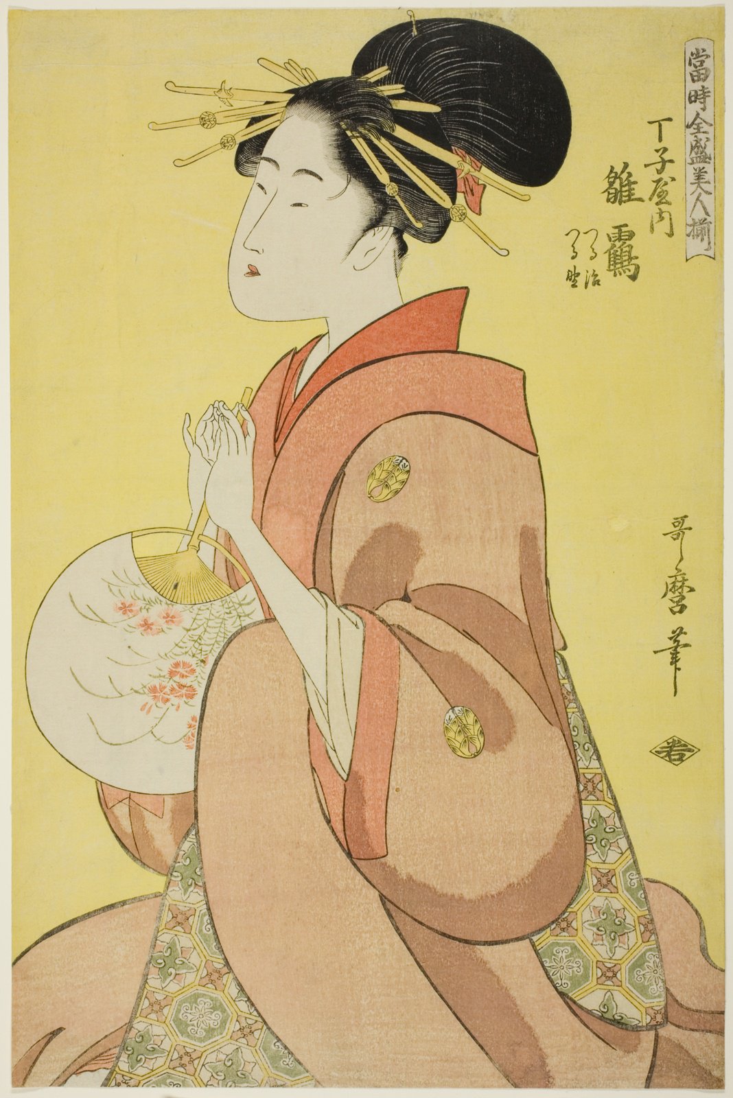 喜多川歌麿「丁子屋内雛鶴」。黄地を背景にした美人大首絵で、額から生え際にかけて髪の毛一本一本が細い線で彫り分けられている