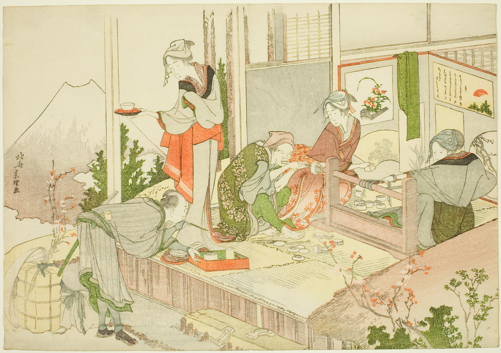 北斎宗理の狂歌絵本の挿図。障子の外に富士を望む座敷で、茶碗を運ぶ立ち姿の女、衝立の手前に座る女、轆轤で小さな円い器を挽く職人たちを描く。左端、富士の裾に「北斎宗理画」の落款が縦3行で入っている