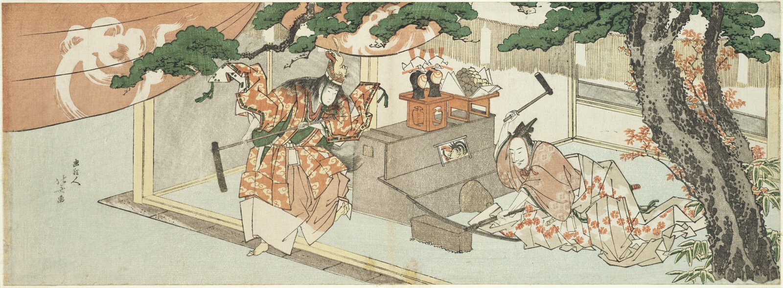 画狂人北斎の摺物。横に細長い画面で、左に朱地に雲文様の狩衣と立烏帽子の人物が槌を手に立ち、右に烏帽子の人物が槌を振り上げて打ち下ろそうとしている。中央に幣と供物を並べた祭壇、上に陣幕と松、右端に紅葉した大木