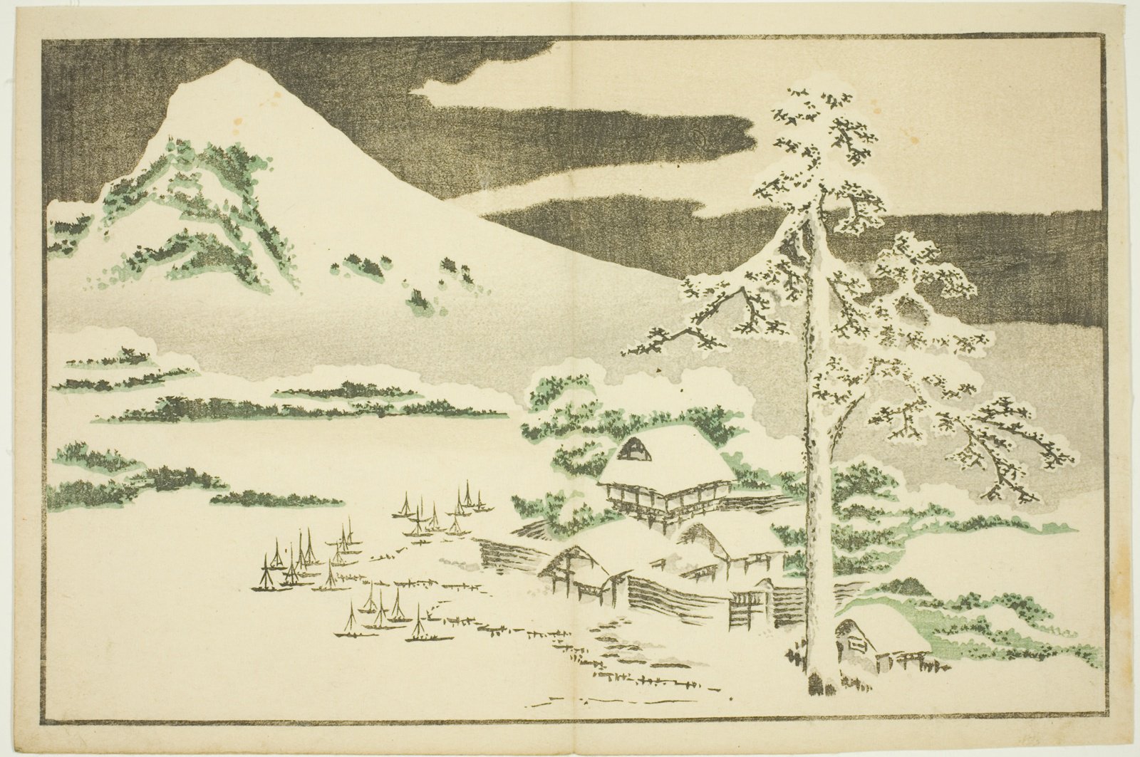 葛飾戴斗「北斎写真画譜」より「冬の富士」。雪をかぶった富士山と、湖畔の雪深い集落、帆掛け舟の並ぶ水辺を淡い色数で描いた絵手本の一図