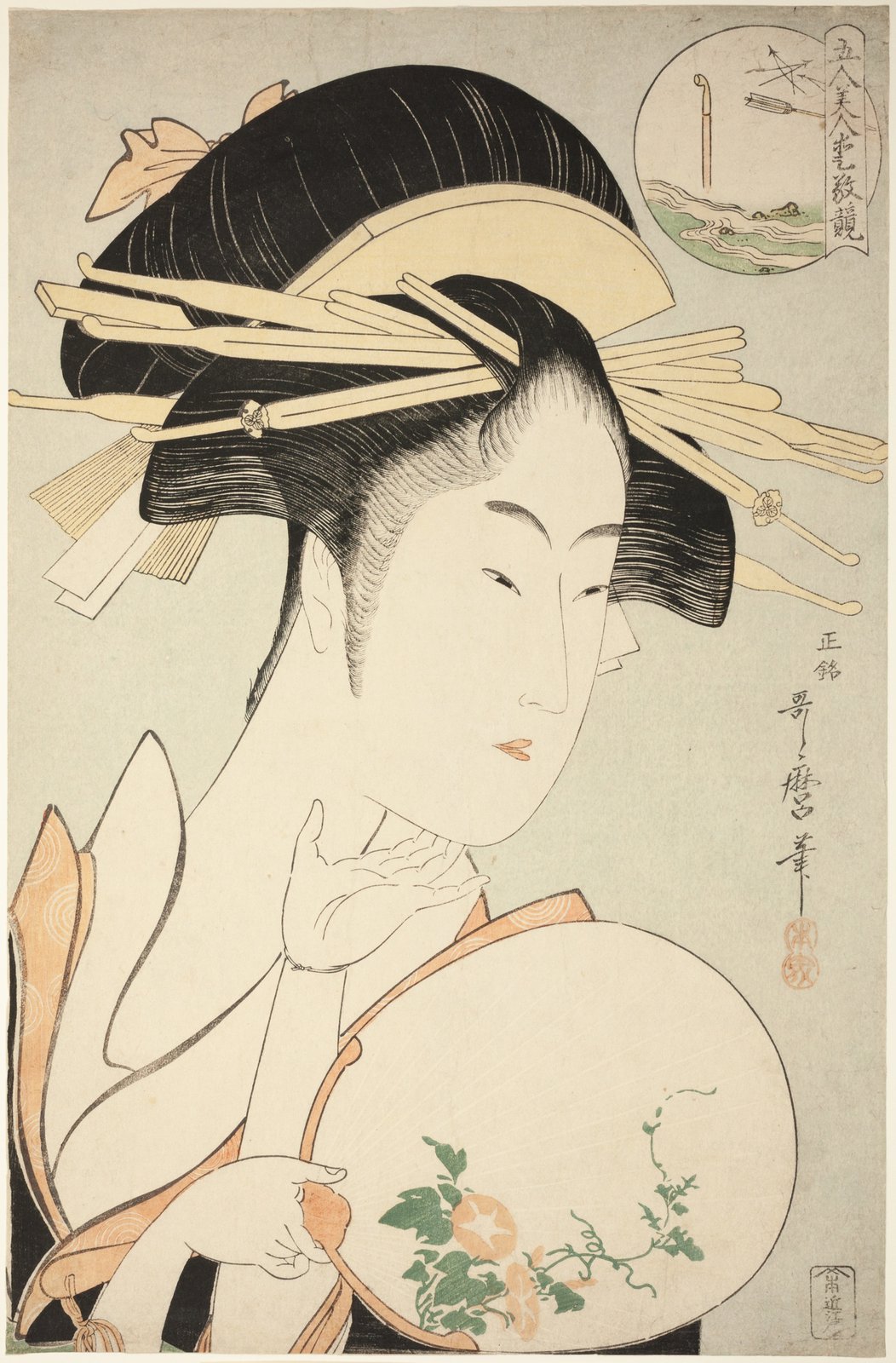 喜多川歌麿「五人美人愛敬競 松葉屋喜瀬川」。片手を軽く頬に添え、朝顔の絵を描いた団扇を持つ遊女の胸から上の像