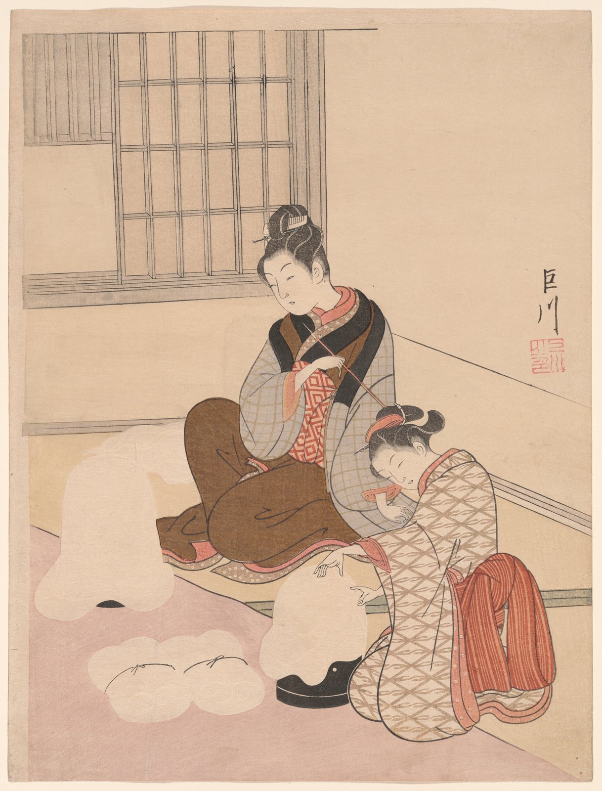 鈴木春信「坐鋪八景 ぬり桶の暮雪」。座敷の中で、綿を弾く女性の手元を子どもがのぞきこんでいる室内の情景