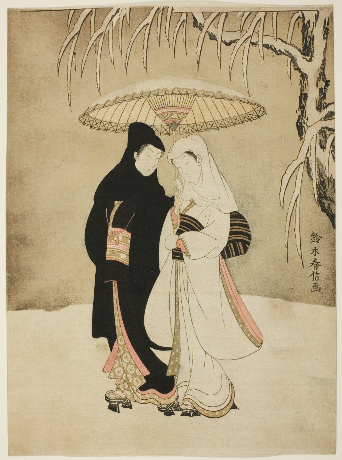 鈴木春信「雪中相合傘」。雪の積もった柳の下、黒装束の男と白装束の女が一本の傘を分け合って寄り添って立つ。均一な細い線と静かな構図