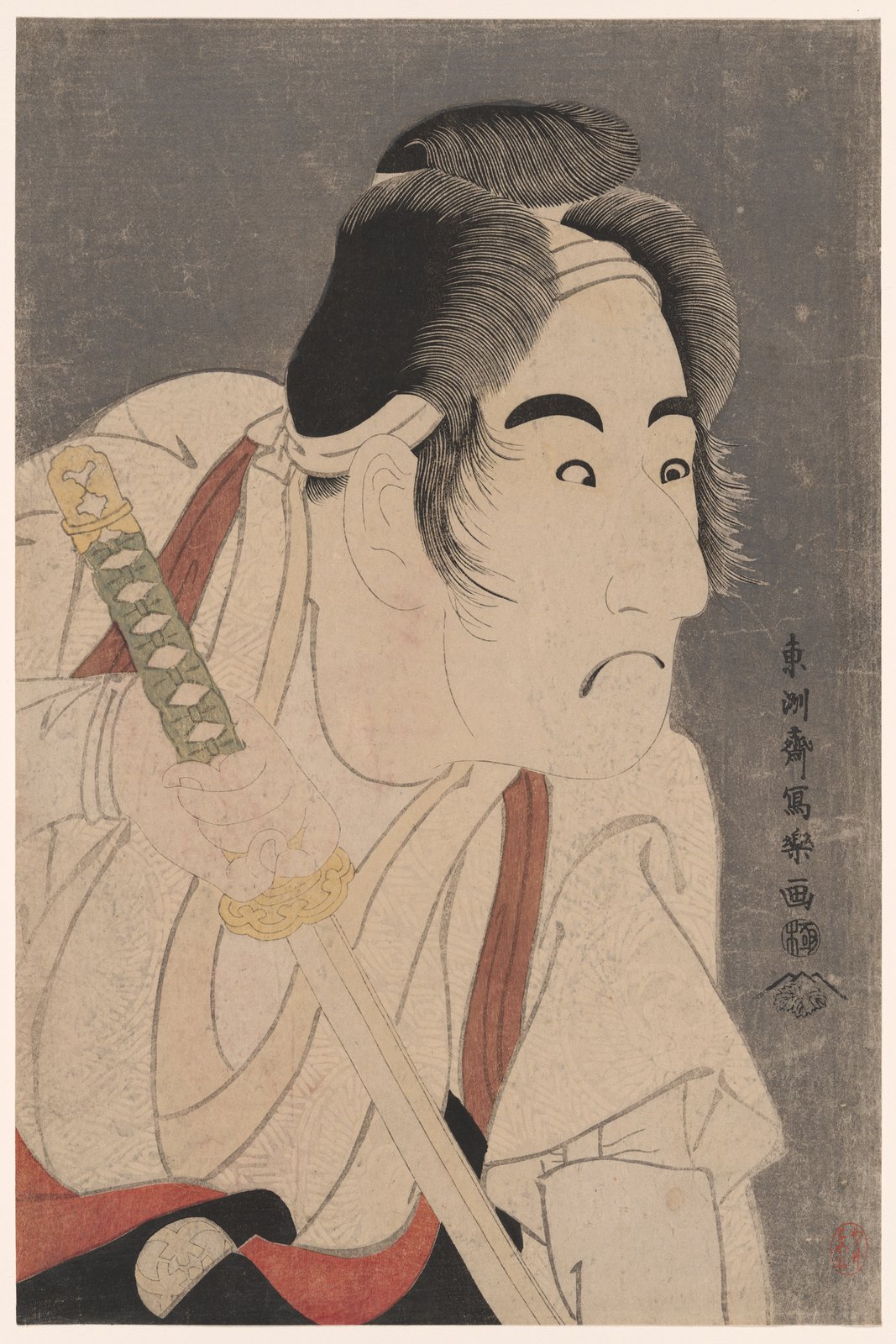 東洲斎写楽「二代目坂東三津五郎の石井源蔵」。黒雲母の背景の前で、役者が刀の柄を強く握り、目を細めて肩越しに振り返る大首絵