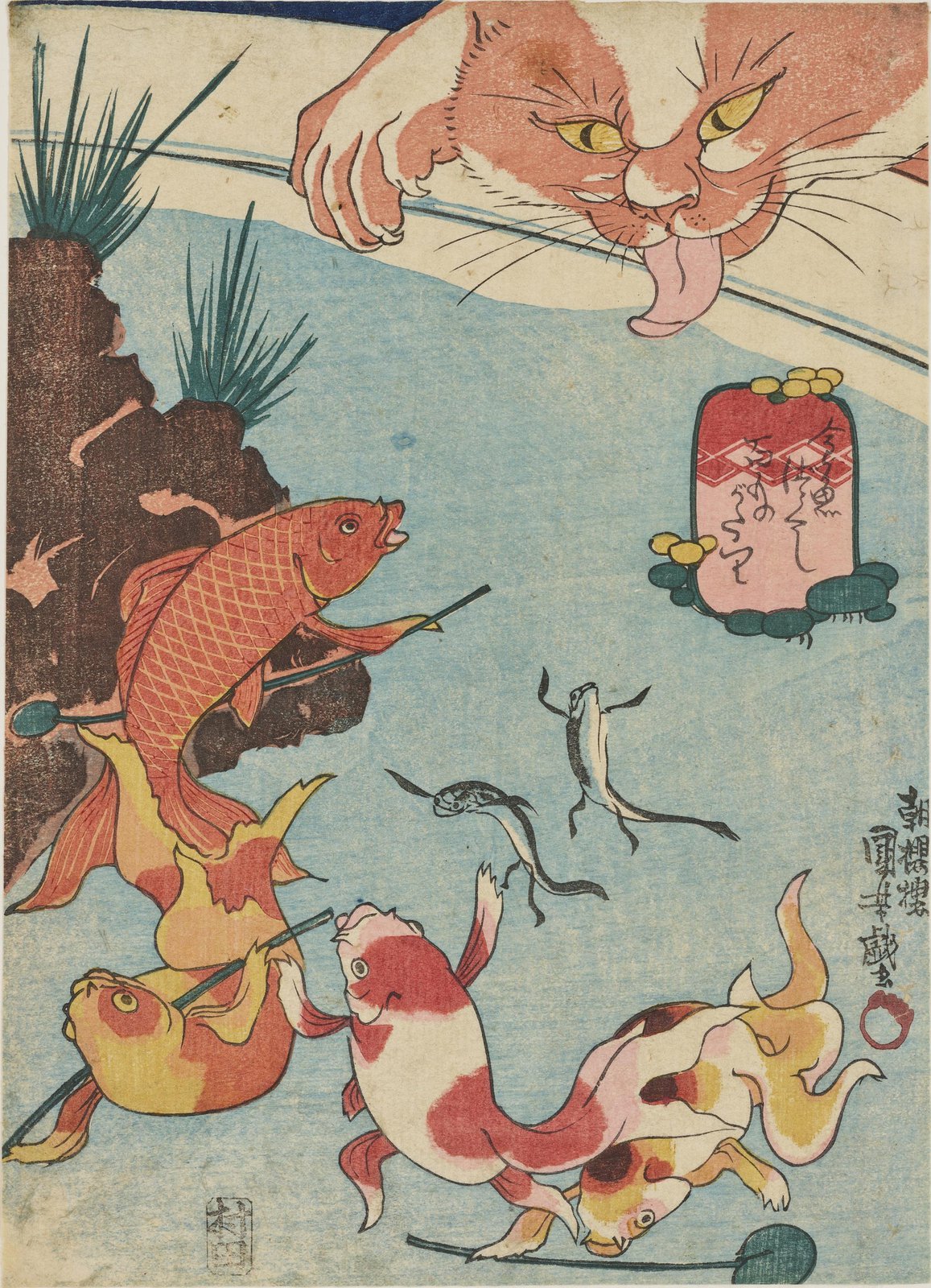 歌川国芳「金魚づくし 百ものがたり」。水中で金魚たちが擬人化され、棒を持って集まっている。水面の上から巨大な猫が舌なめずりして覗き込んでいる