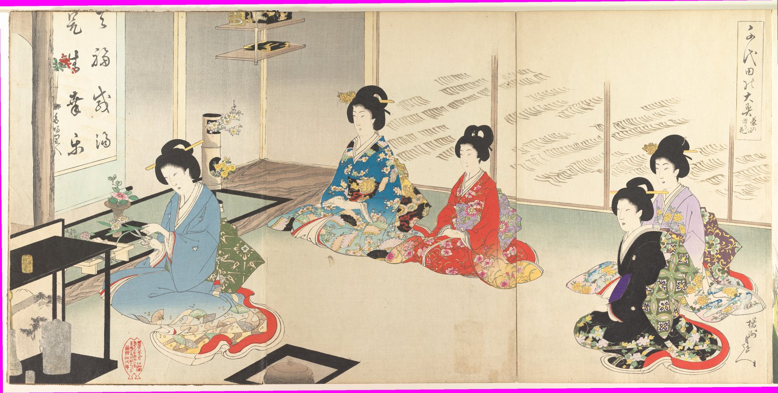 楊洲周延「千代田の大奥」のうち、生花をたしなむ女性と琴を弾く女性たちを描いた三枚続。襖や着物の柄まで細かく描き込まれている