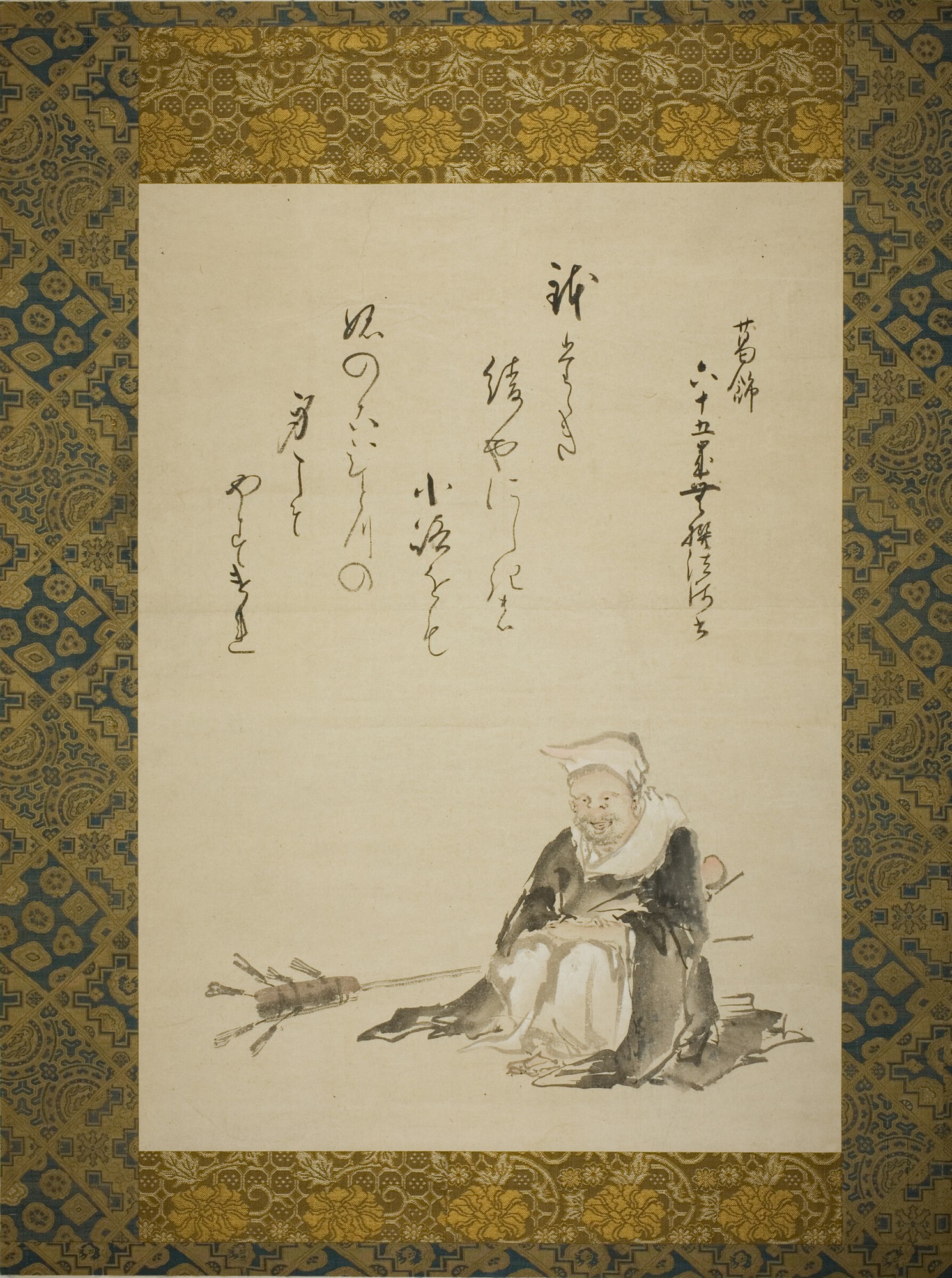 葛飾北斎の肉筆画「茶筅売り」。茶筅を担いだ僧形の人物を、濃淡のある筆の線で描いた墨画淡彩
