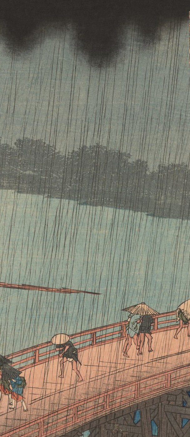左の一枚の部分拡大。空から川面、橋の上までを縦に切り取ったもので、細い雨脚が上端から下端まで一本も途切れずに走っている