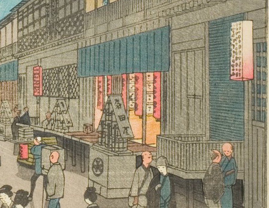 右の一枚の同じ範囲の拡大。提灯の赤が濃く鮮やかで、障子越しの灯りも金色に近い温かみを保っている