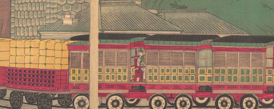二枚目の同じ範囲の部分拡大。車体の赤は一枚目とほぼ同じ強さだが、窓枠の緑は黄みに寄り、白い部分がクリーム色になっている