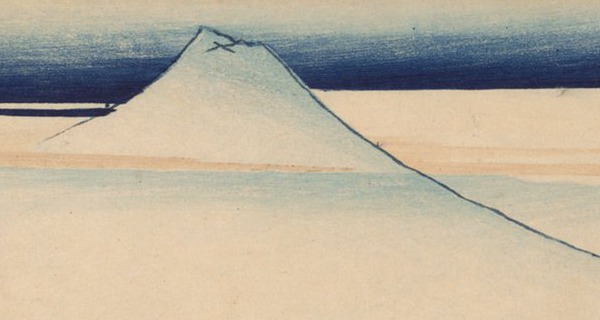 多色の一枚の同じ部分。山頂は白いまま輪郭線だけで、火口のくぼみが細い線で示される。空の上端は濃紺、その下に橙の帯