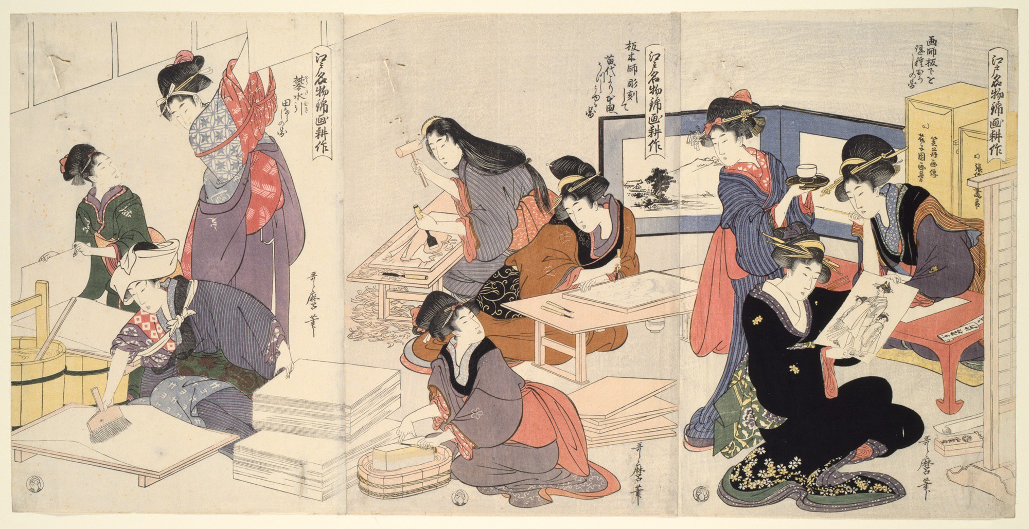 喜多川歌麿「江戸名物 錦画耕作」より。絵を描く場面、版木を彫る場面、紙に礬水を引く場面を描いた三枚続