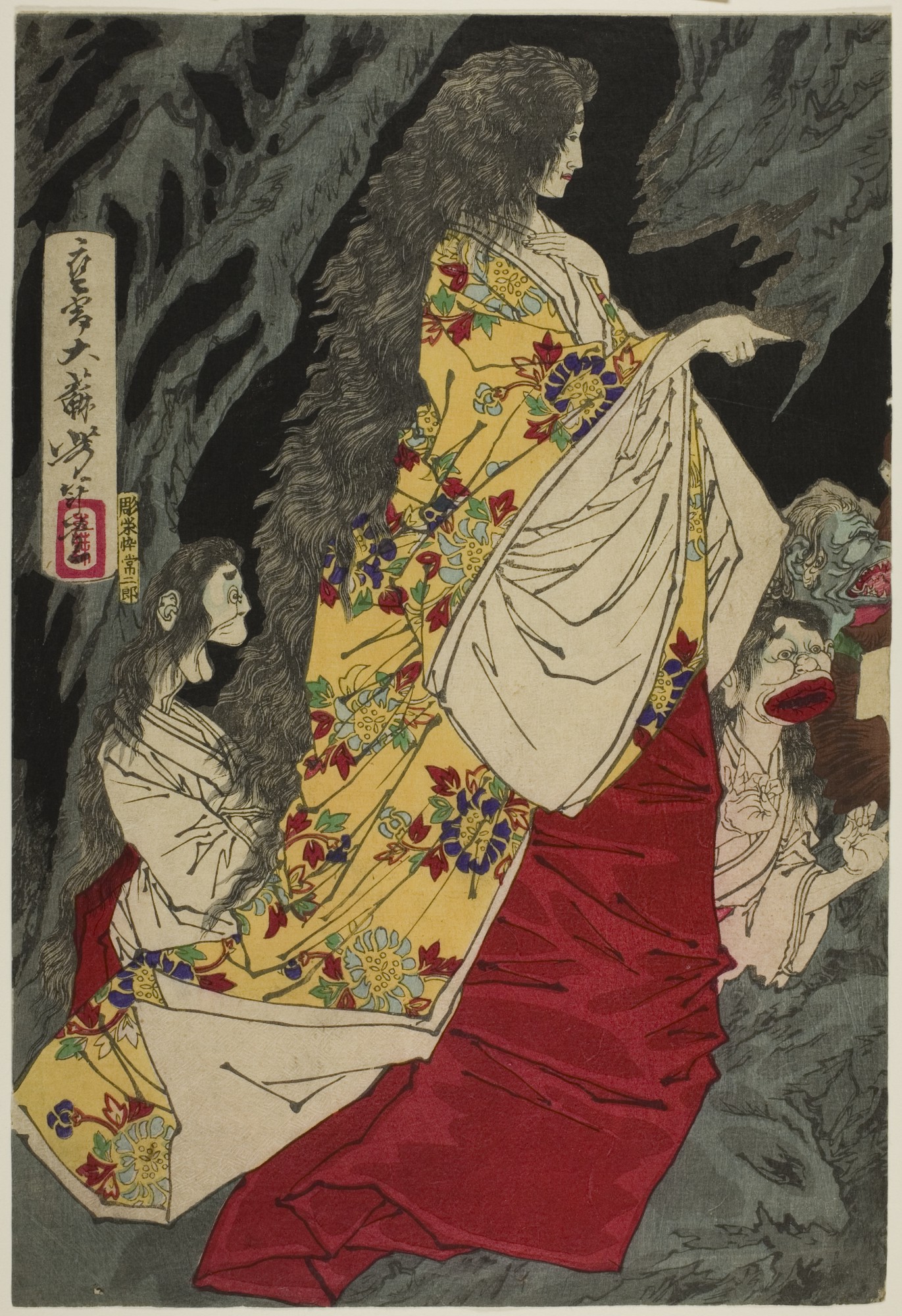 月岡芳年「八幡不知藪の怪」。竹藪の闇に浮かぶ長い髪の女の妖怪と、それを取り囲む小鬼たち